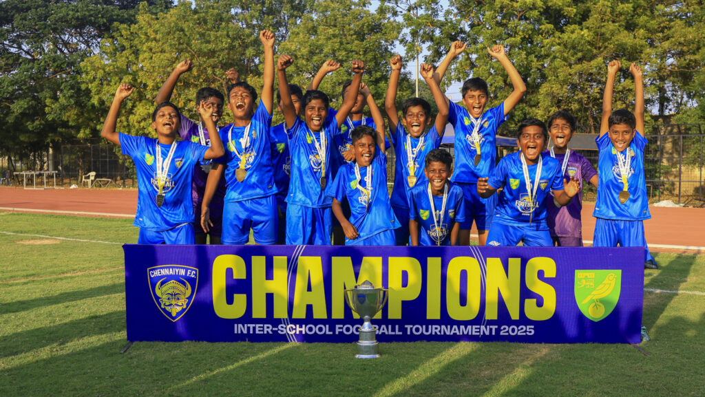 Exclusive Interview with Norwich City Commercial Director Sam Jeffery and Chennaiyin FC COO Akhil Prakash! St. Bedes Anglo Indian Hr. Sec. School Santhome that won the U 12 category at the Chennaiyin FC x Norwich City FC Inter School Football Championship 2025 e1742324447682